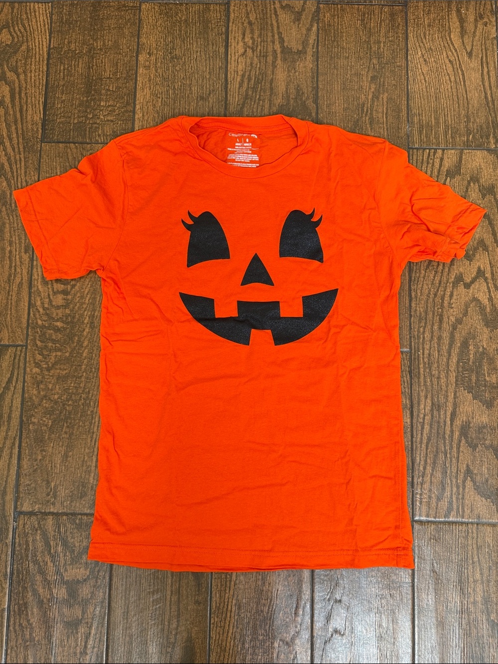 Halloween Fall Pumpkin Jack-o’-lantern Glitter Print Face T-Shirt-Size Large